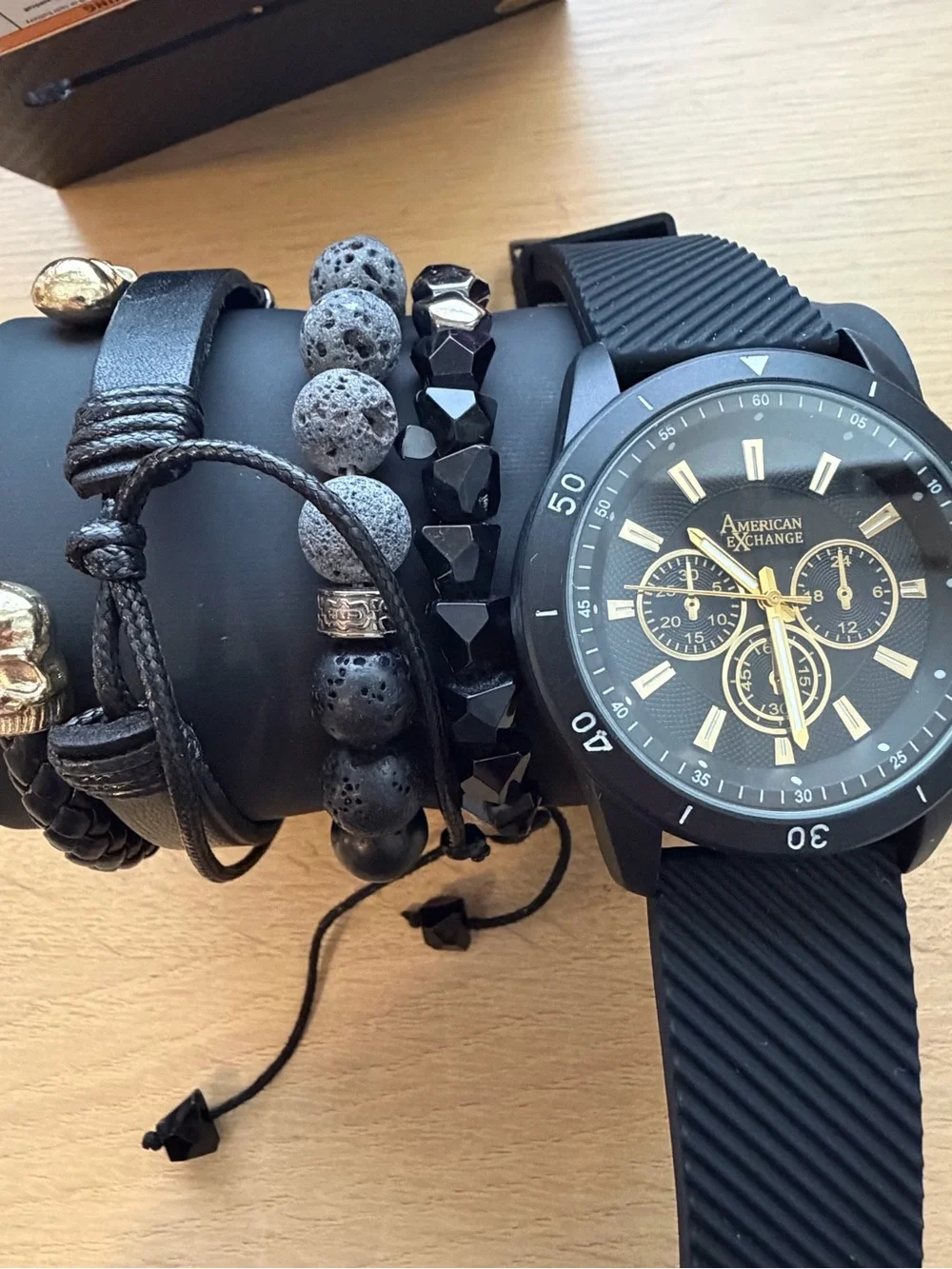 American Exchange Black and Gold Chronograph Watch with Bracelet Stack